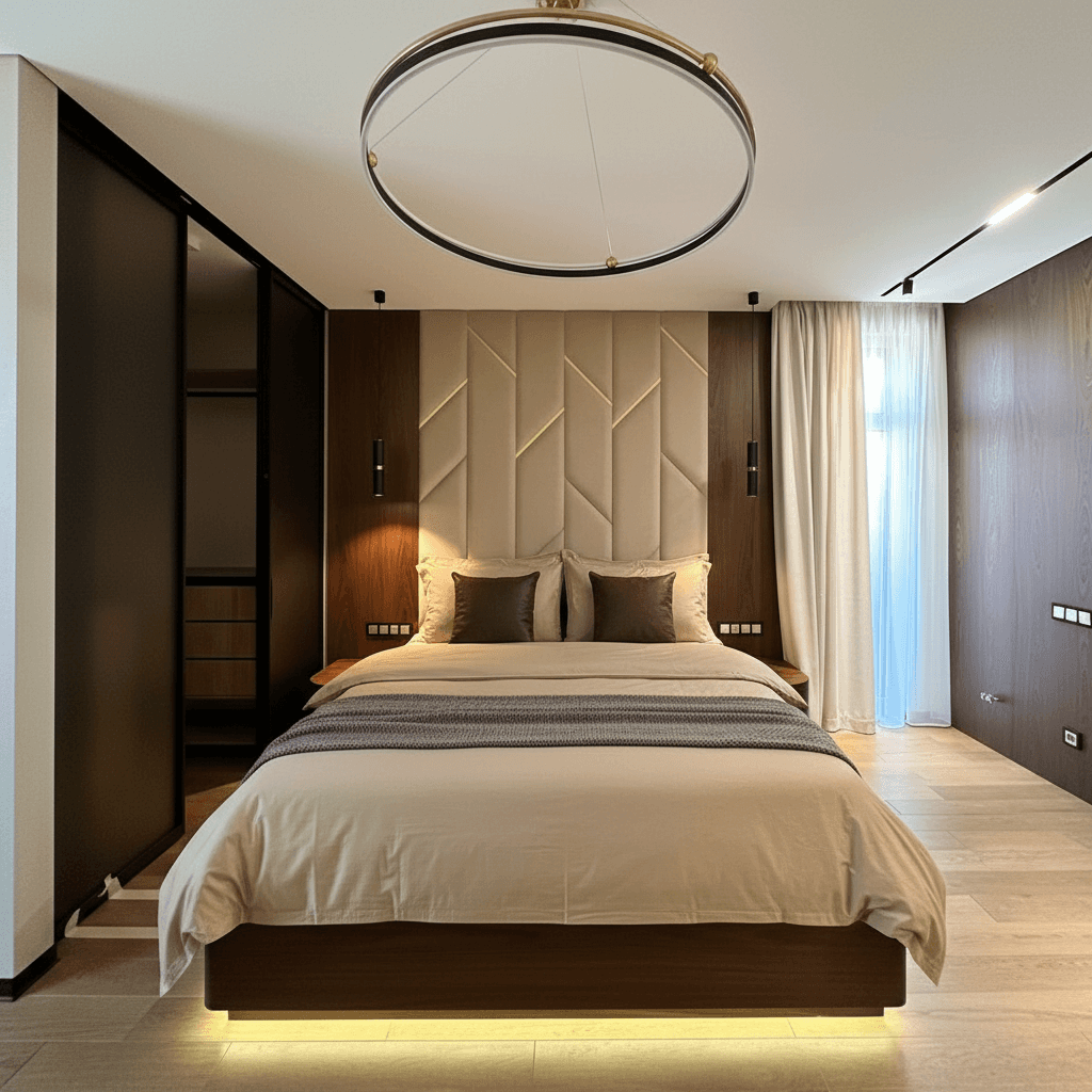 Интерьер спальни с деревянными панелями - пример работы WoodCreative для сотрудничества с дизайнерами